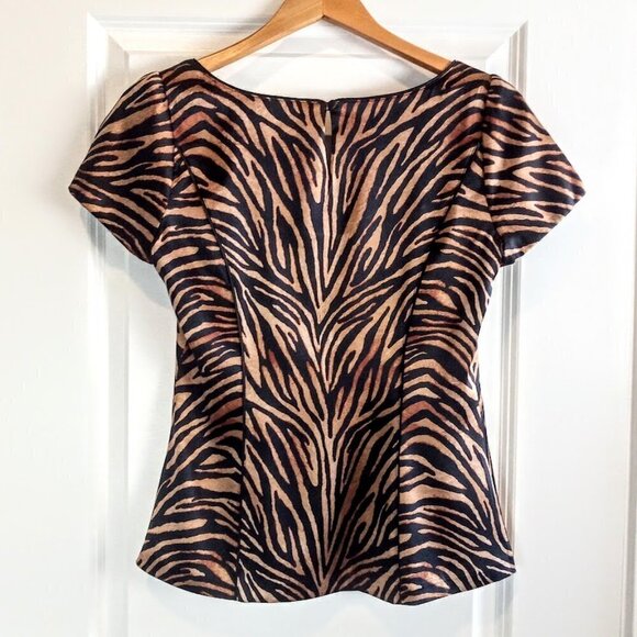 White House Black Market Brown Animal Print Silk Cap Sleeve Top - Picture 2 of 6